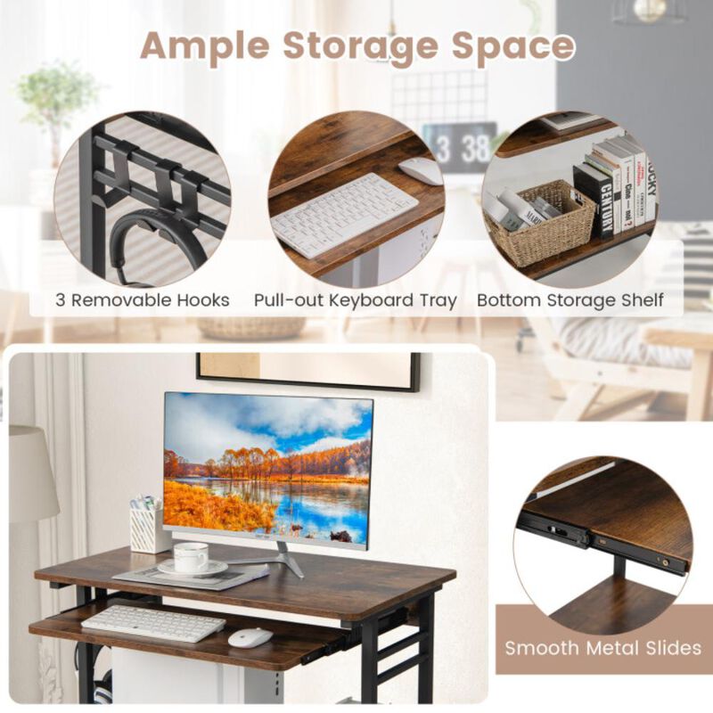 Hivvago Rolling Laptop Table with Pull-out Keyboard Tray and Hooks-Rustic Brown