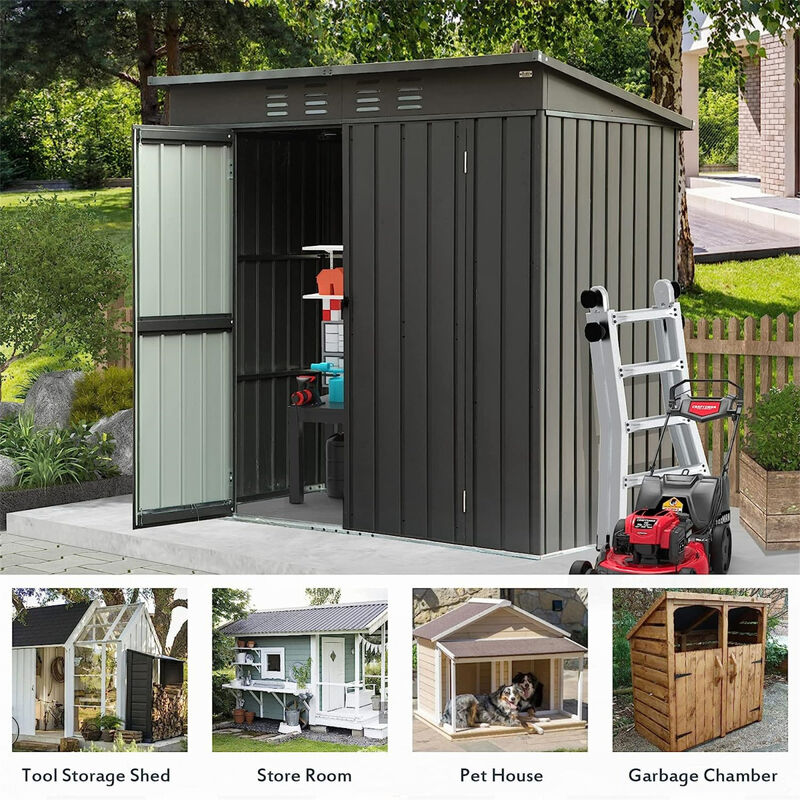 Outdoor Metal Storage Shed with Sloping Roof and Lockable Door