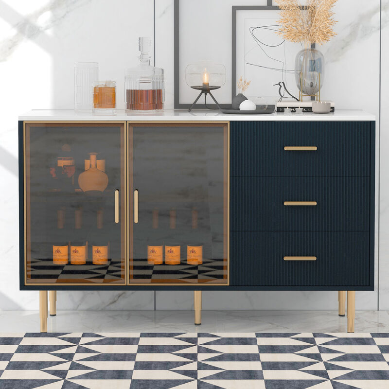 Modern MDF Buffet Cabinet with Glass Doors & Marble Top
