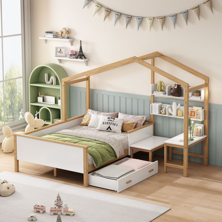 Streamdale Wooden House Bed with Desk, Drawer & Bookshelf