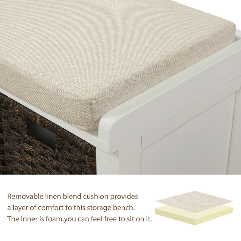 Rustic Storage Bench With 3 Removable Classic Rattan Basket, Entryway Bench
