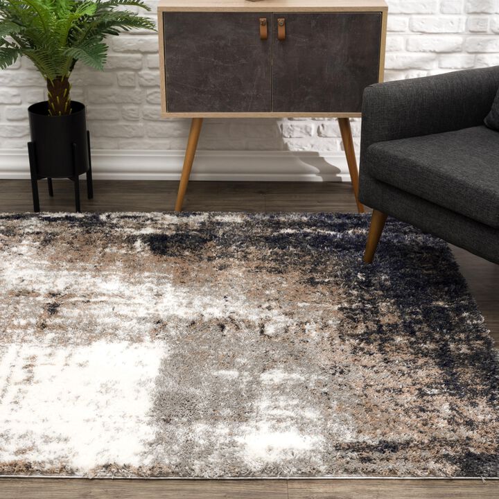 Retro Contemporary Abstract Shag Grey White Indoor Doormat Rug