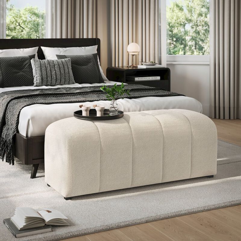 Jofran Tess Contemporary Modern Ivory Boucle Upholstered Plush Bench
