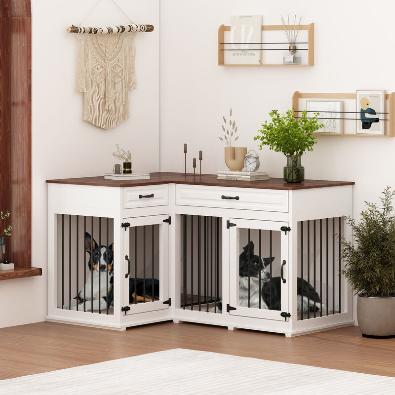 Large Corner Dog Crate Furniture for 2 Dogs with 2 Drawers, Wooden Dog Kennel Corner Dog Cage Perfect for Limited Room