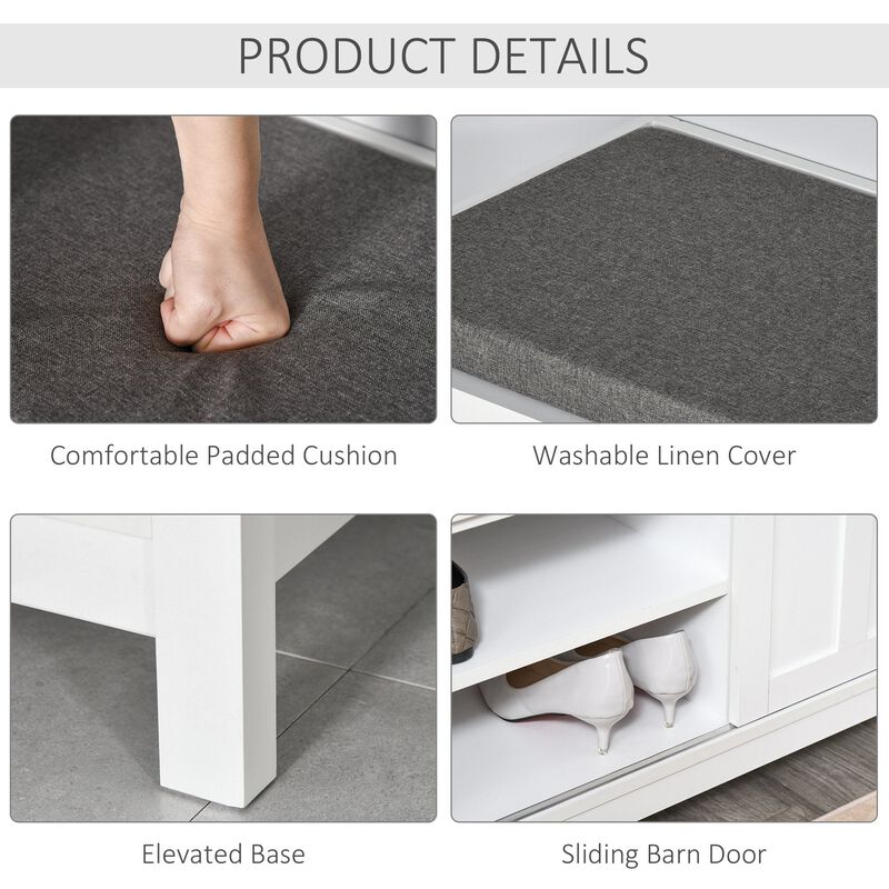 White Entryway Storage: Shoe Bench with Sliding Barn Door and Cushion