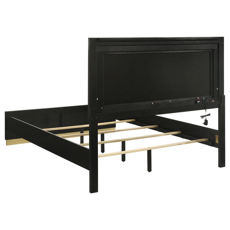 Caer Queen Size Bed, LED Panel Tall Headboard, Gray Upholstery, Black Okume -