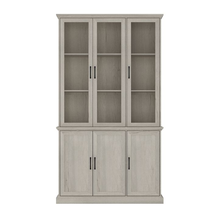 FUFU&GAGA Modern 2-Door Glass Display Cabinet with Fixed Shelves, Black Metal Handles (46.3" W x 15.8" D x 81.7" H), Yellow