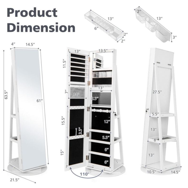 Hivvago 360Â° Rotating Mirrored Jewelry Cabinet Armoire 3 Color LED Modes Lockable