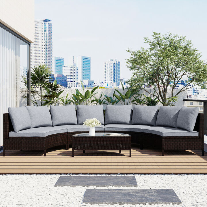 5 Pieces All-Weather Brown PE Rattan Wicker Sofa Set Outdoor Patio Sectional Furniture Set Half-Moon Sofa Set with Tempered Glass Table, Gray