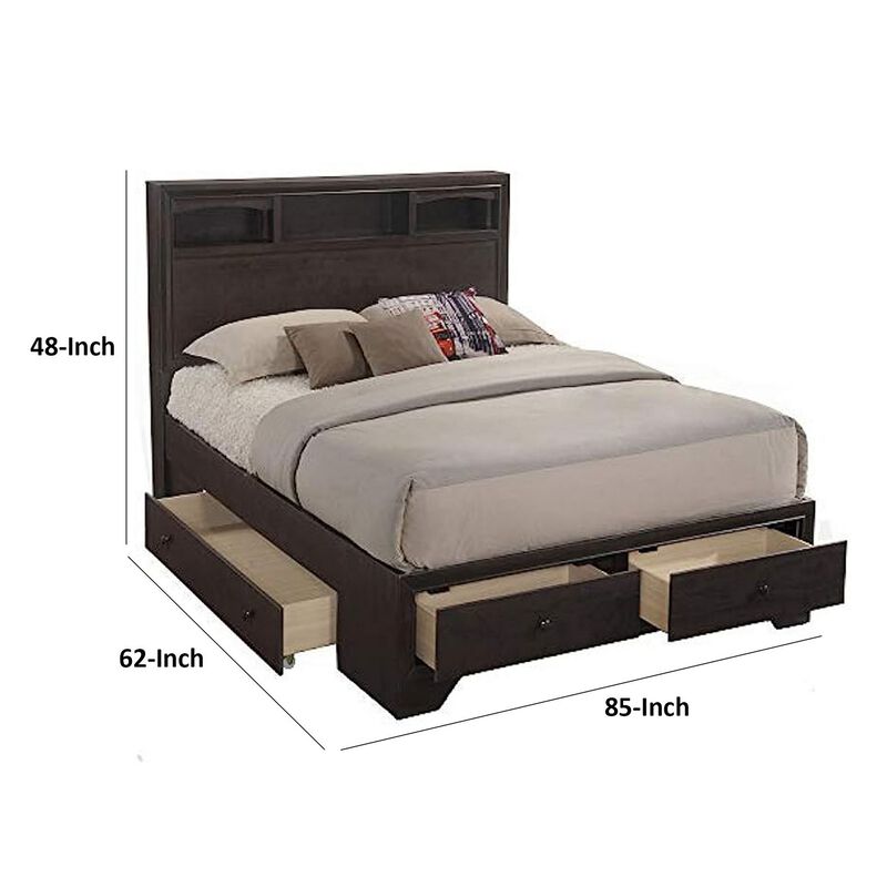 Queen Size Bed with 4 Storage Drawers, Bookcase Headboard, Walnut Brown-Benzara