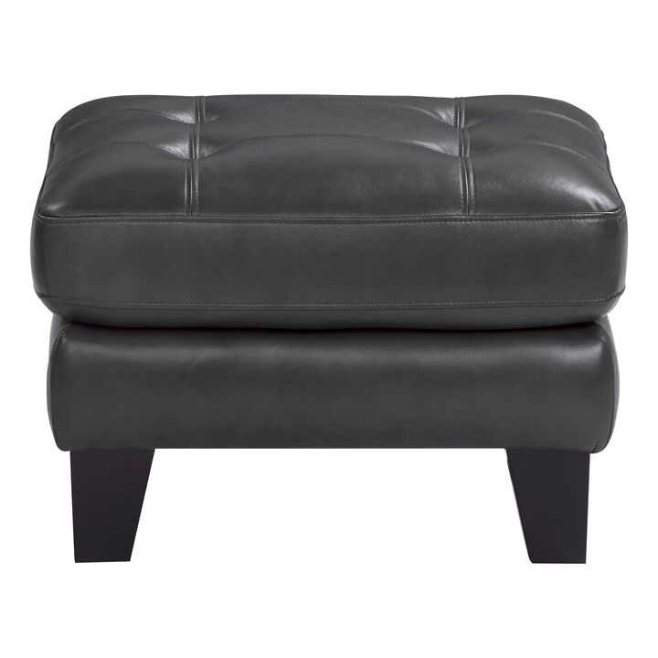 Sofy 27 Inch Ottoman, Dark Gray Top Grain and Faux Leather, Solid Wood - Benzara