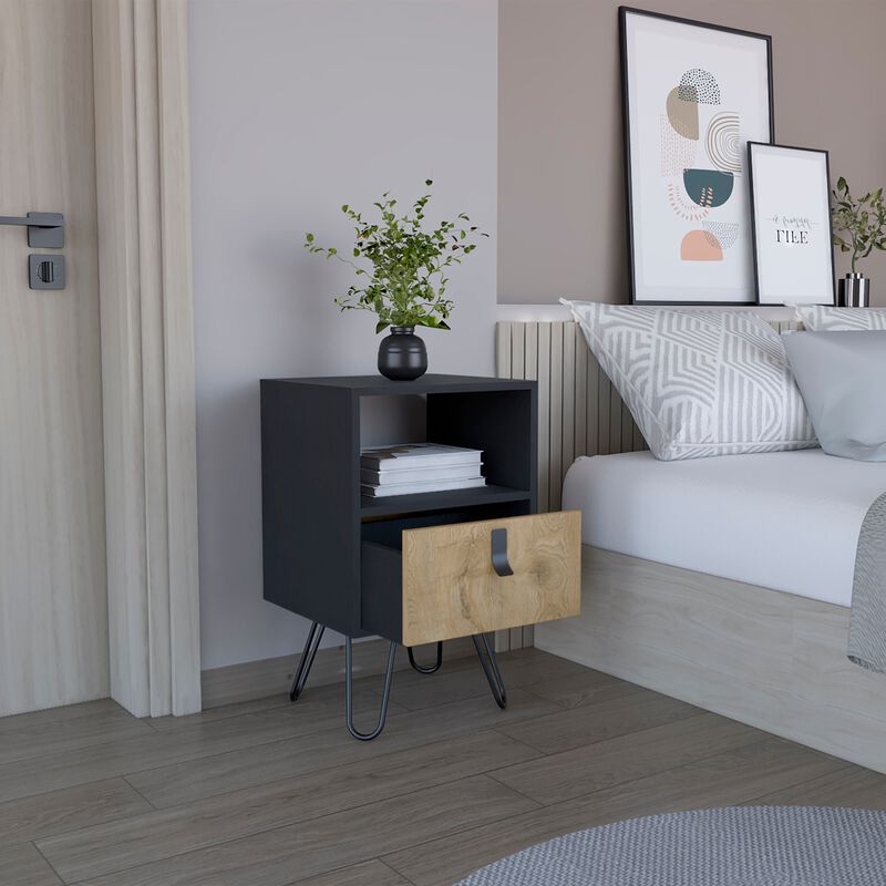 Huna Nightstand, Stylish Storage with Hairpin Leg, Open Shelf and Drawer-Black / Macadamia