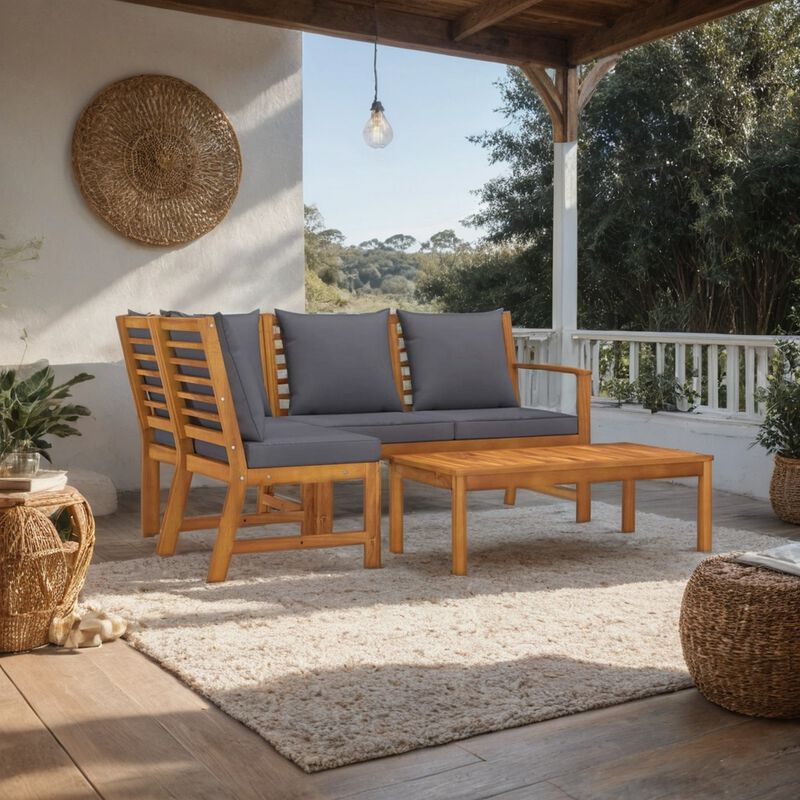 Roma 4pc Modular Outdoor Sofa and Table Set, Solid Acacia Wood, Gray - Benzara