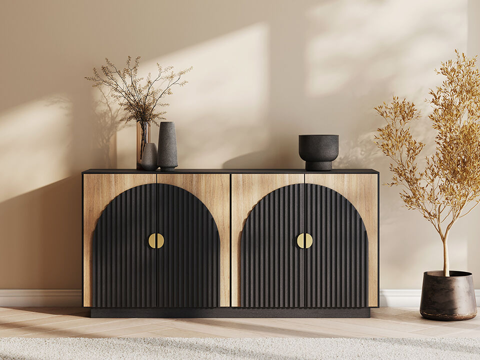 BELLEZE 65 Inch Fluted Buffet Cabinet with Storage, Symmetrical Arc Accent Sideboard Large Console Table for Dining Room, Kitchen, and Living Room (Camel)