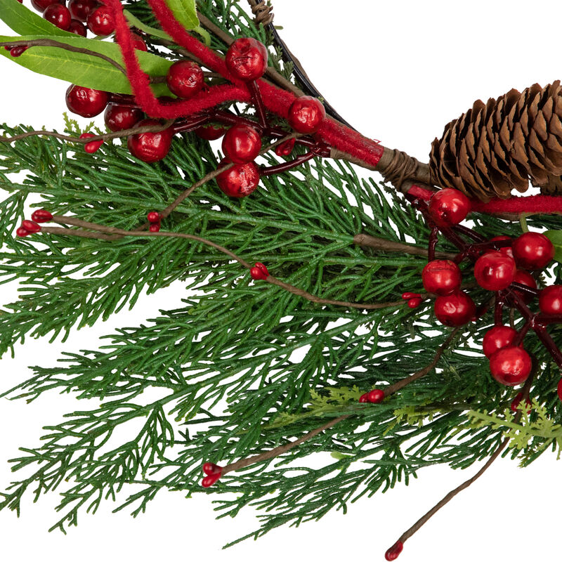 Mixed Greenery and Berry Artificial Asymmetrical Christmas Wreath  18-Inch  Unlit