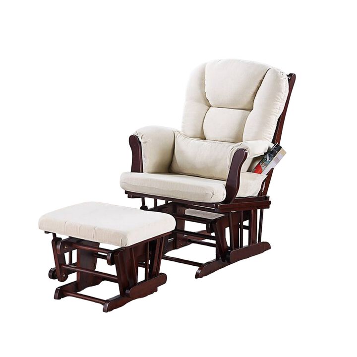 Noni Glider Manual Recliner Chair w Ottoman, Brown Wood, Square Beige - Benzara