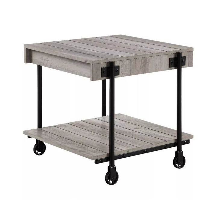Loak 24 Inch Side End Table, Plank Design, Caster Wheels, Brown, Black - Benzara