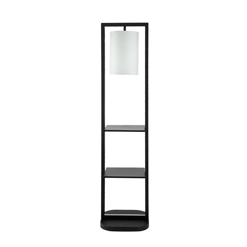74 Inch Floor Lamp with 2 Shelves, Round Lampshade, Black Iron, White - Benzara