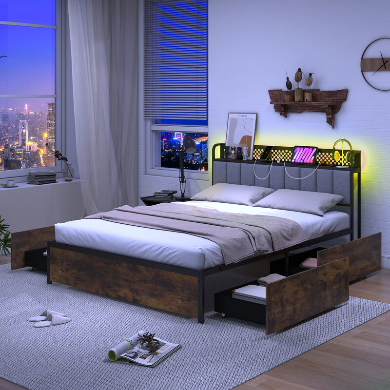 Bed Frame with LED Lights  Upholstered Headboard and 4 Storage Drawers