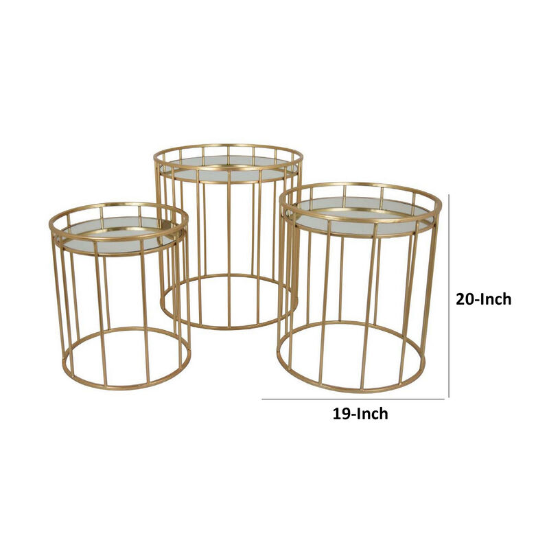 20 Inch Plant Stand Table Set of 3, Gold Metal Frame, Mirror Tray Top - Benzara