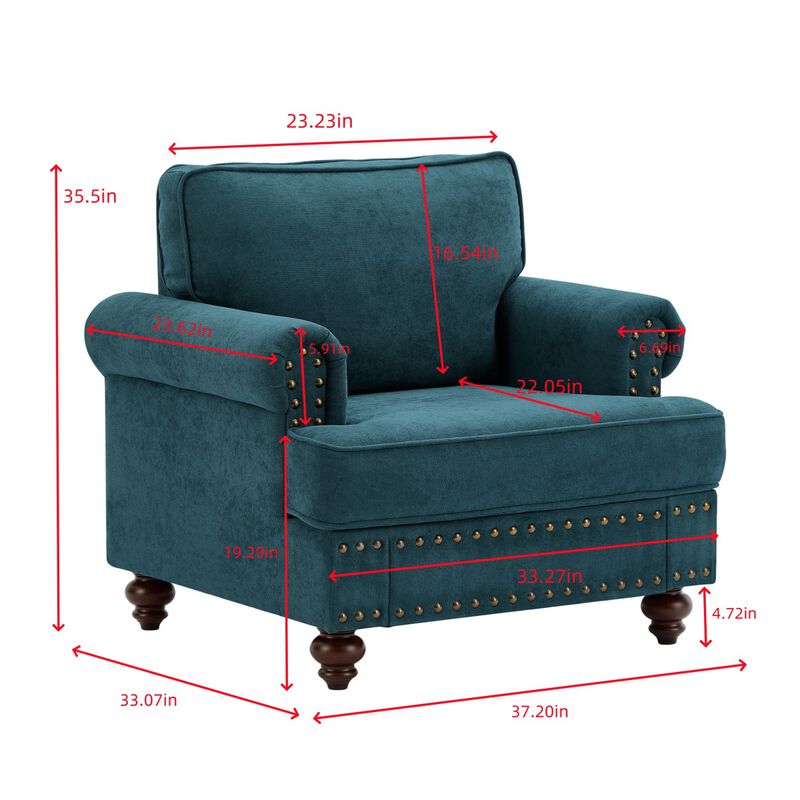 Green Chenille Sectional Sofa with Brown Legs