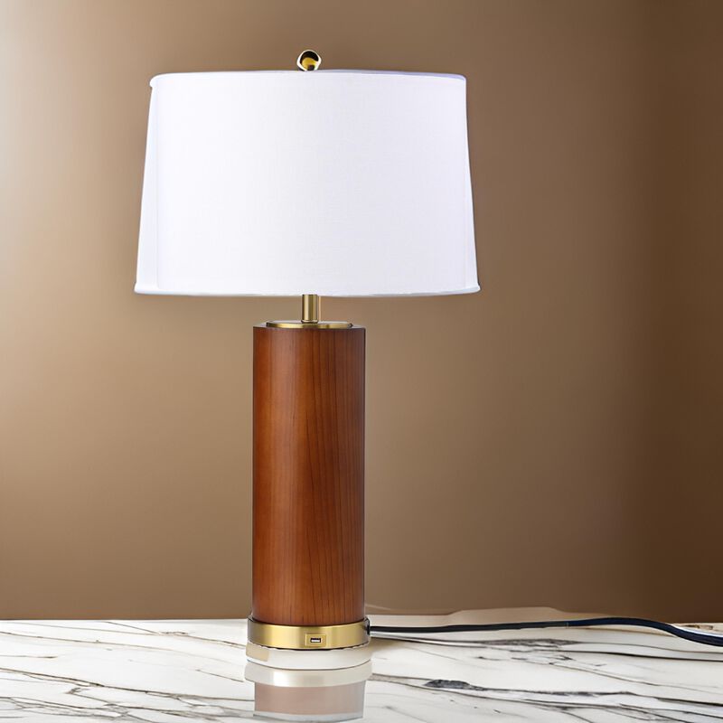 28 Inch Table Lamp, White Fabric Drum Shade, Gold Metal, Brown Bridge Base - Benzara