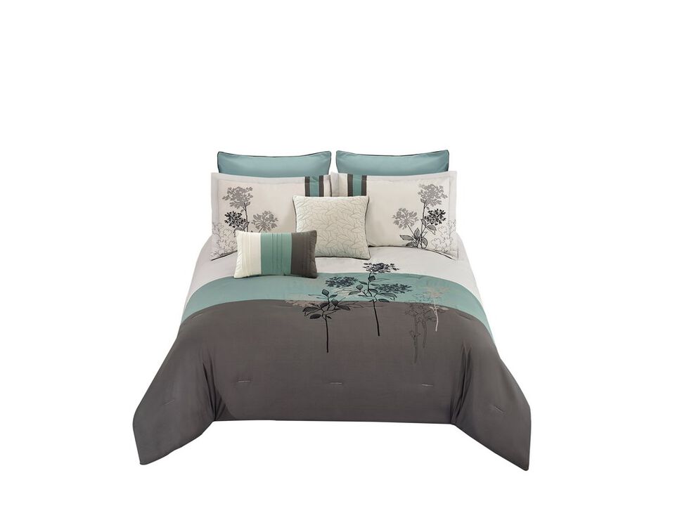 8 Piece Queen Polyester Comforter Set with Floral Embroidery, Multicolor - Benzara