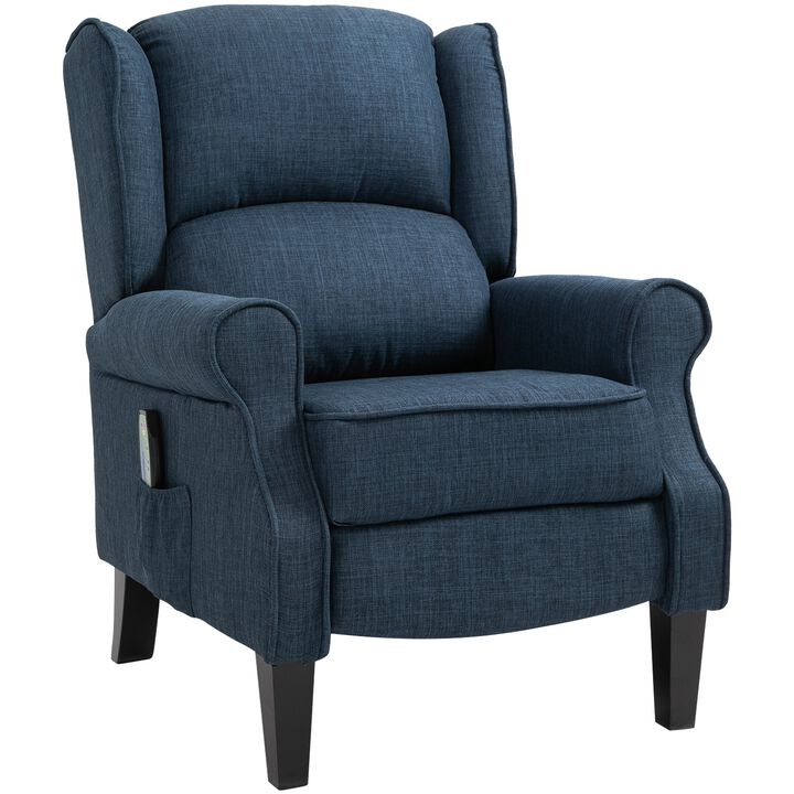HOMCOM Vibrating Massage Recliner Chair for Living Room, Reclining Wingback Single Sofa with Heat, Linen Fabric Push Back Accent Chair with Footrest, Side Pocket, Dark Blue