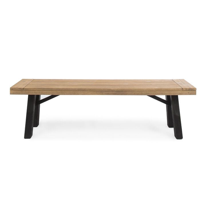 Wren Outdoor Bench with Slatted Top, 63 Inch Brown Acacia Wood, Black - Benzara