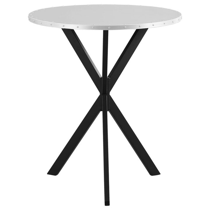 36 Inch Bar Table, Metal Top, Hammered Nails, Intersected Base, Silver  - Benzara