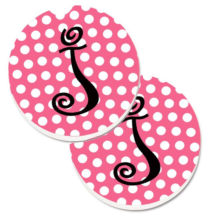 Caroline's Treasures Letter J Monogram - Pink black Polka Dots Set of 2 Cup Holder Car Coasters CJ1001-JCARC, 2.56, Multicolor