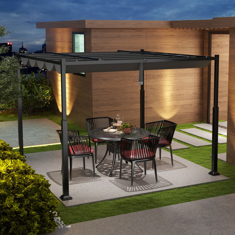 Outdoor Pergola with Retractable Canopy and Metal Columns