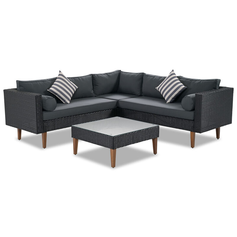 4-Pieces Outdoor Wicker Sofa Set, Patio Furniture Withful Pillows, L-Shape Sofa Set