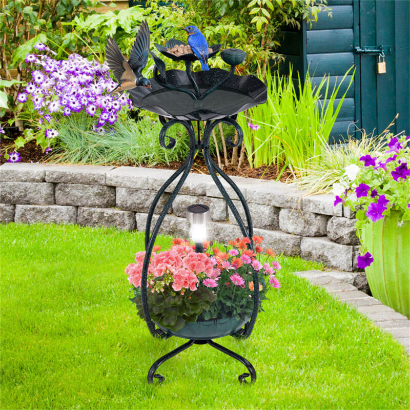 Outdoor Solar Bird Bath & Feeder with Flower Planter and LED Lights