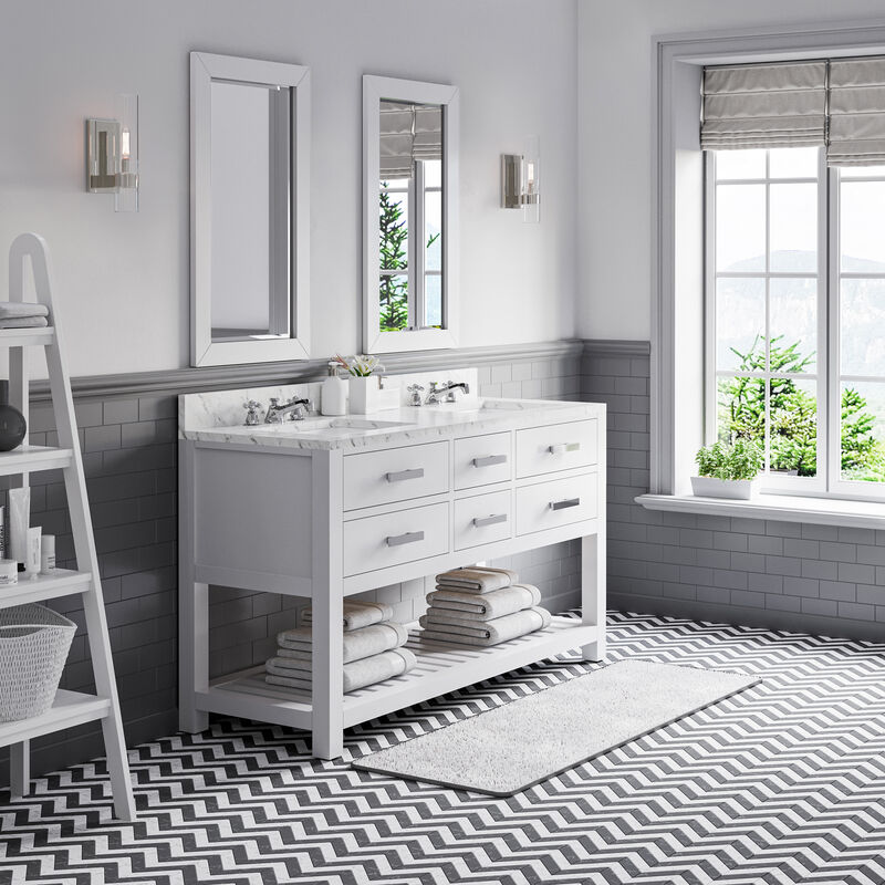 Madalyn 60 In. Double Sink Carrara White Marble Countertop Bath Vanity in Pure White