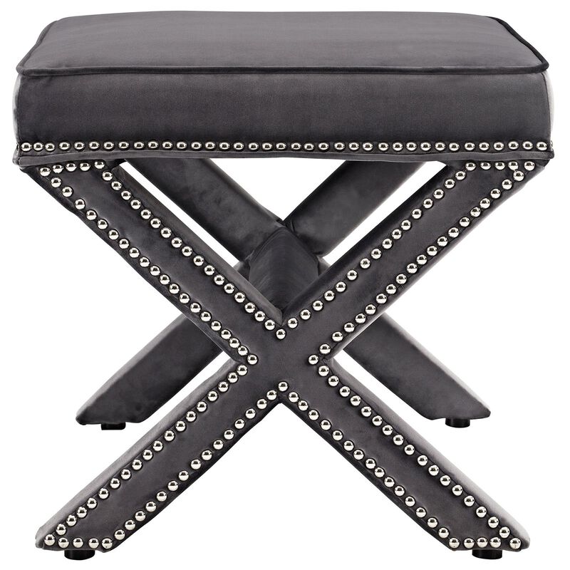 Modway Rivet Upholstered Velvet X-Base Ottoman With Nailhead Trim In Gray