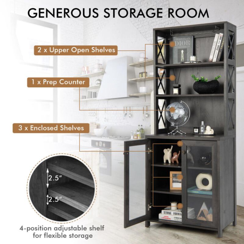 Hivvago Tall Freestanding Bar Cabinet Buffet with Glass Holder and Adjustable Shelf-Gray