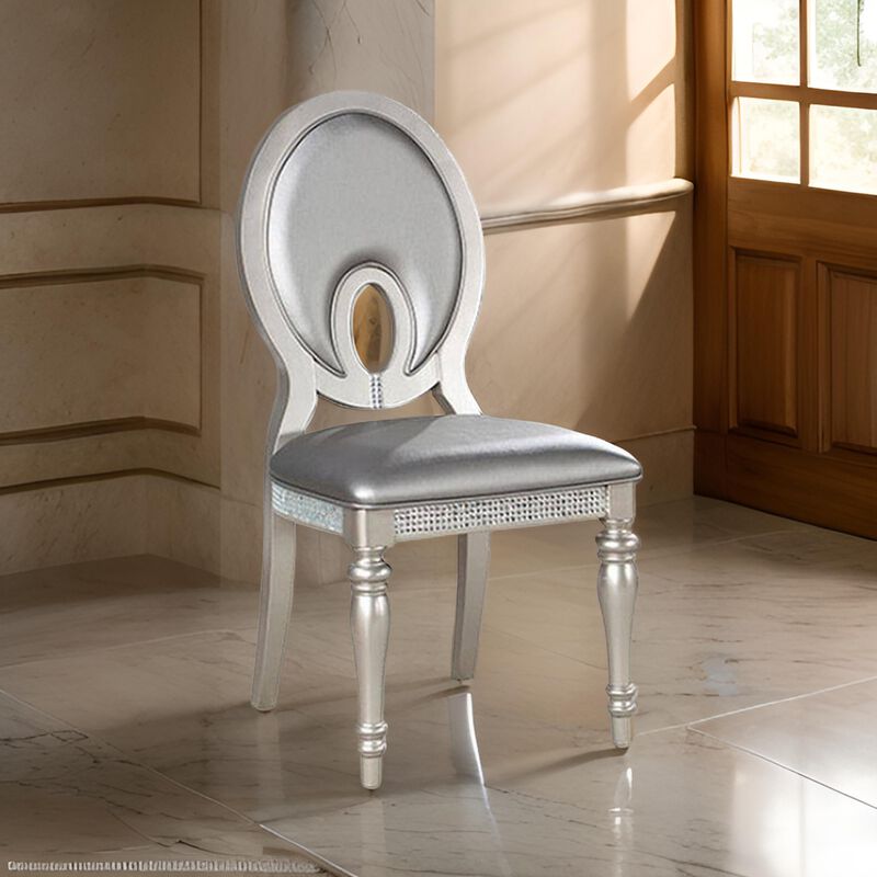 Cate 23 Inch Dining Side Chair Set of 2, Mirrored, Faux Leather, Silver - Benzara