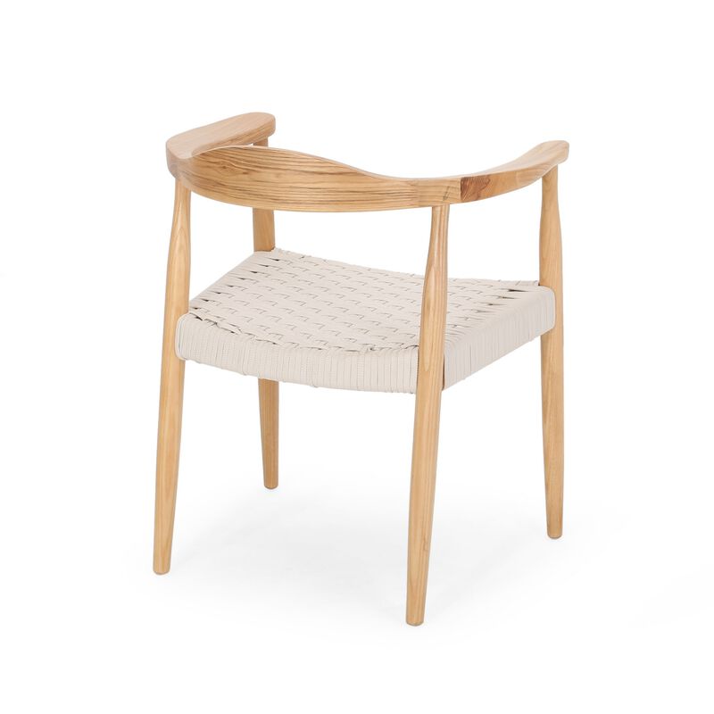 Accent Armchair, White Rope Woven Style Seat, Natural Brown Ash Wood - Benzara