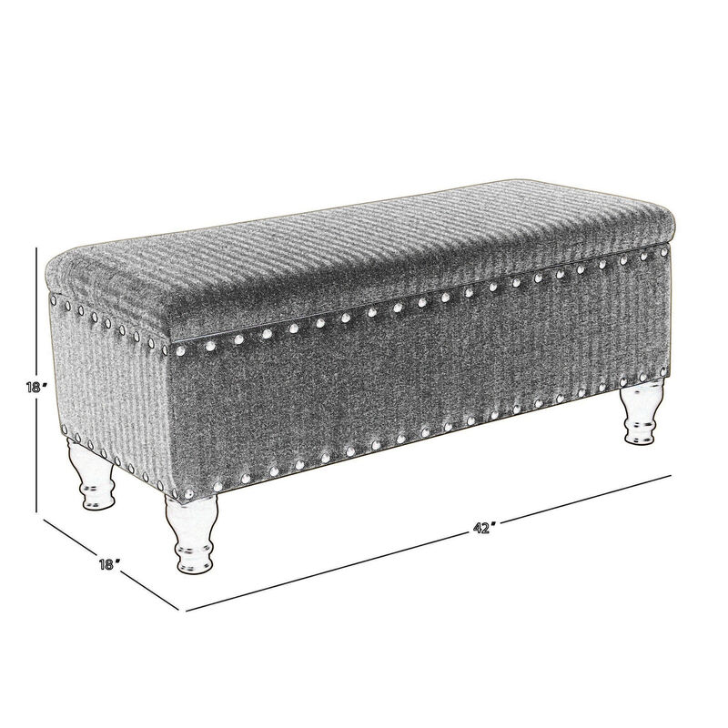 Textured Fabric Upholstered Wooden Storage Bench With Nail head Trim, Large, Beige and Brown - Benzara