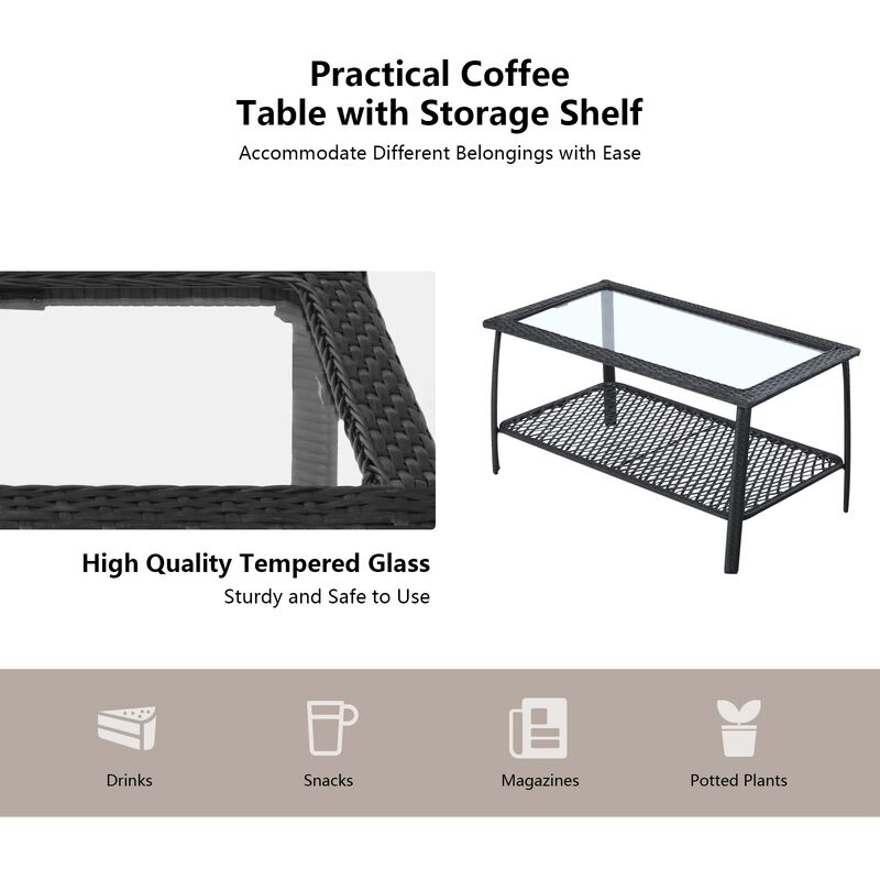 4 Pieces Patio Wicker Furniture Conversation Sets with Coffee Table and Cushions