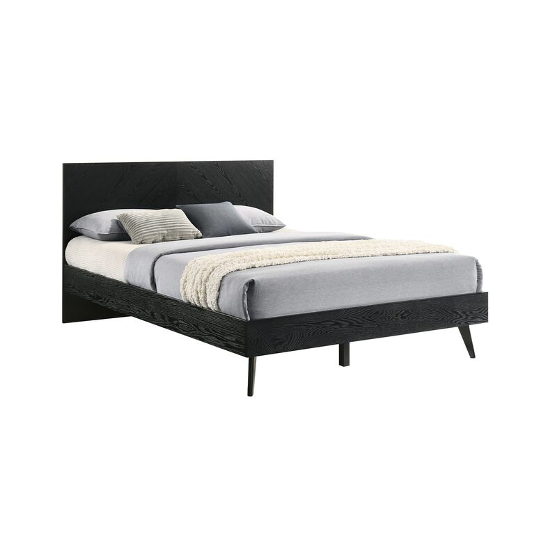 Saly Queen Platform Bed Frame, Tapered Legs, Diagonal Grain Finish, Black - Benzara