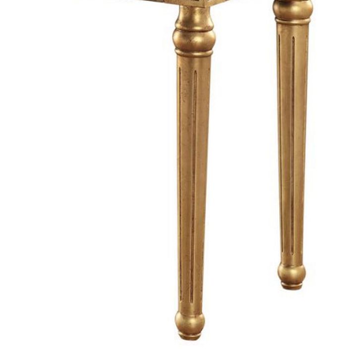 Marble Top Sofa Table With Fluted Detail Wooden Turned Legs, Gold-Benzara