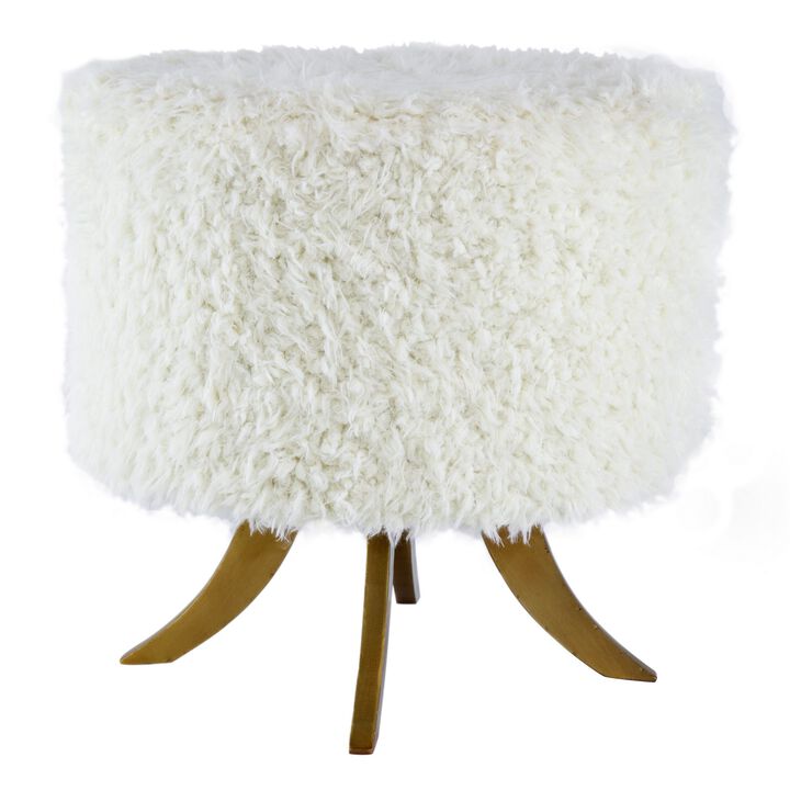 20 Inch Ottoman, Foam Filled, Shearling Fabric, Wood Frame, White, Brown-Benzara