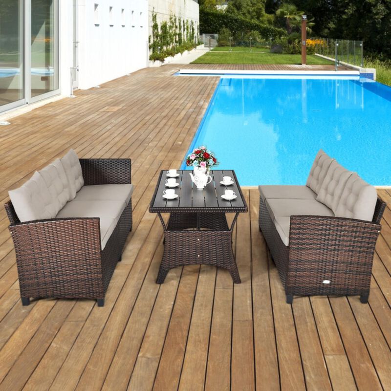 Hivvago 3 Pieces Hand-Woven Rattan Outdoor Sofa Set with Dining Table