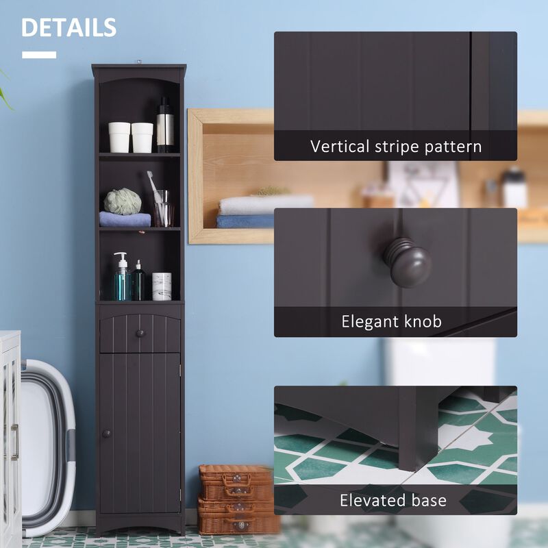 Brown Bathroom Storage: Tall Linen Tower with Shelves & Drawer