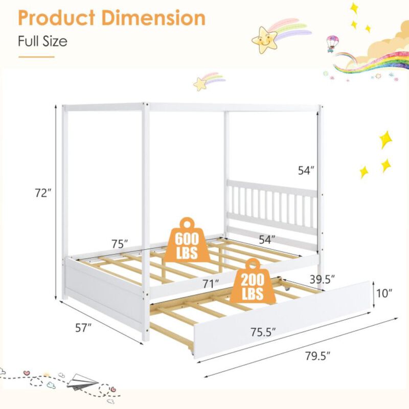 Hivvago Full Size Canopy Bed Frame with Trundle and Headboard for Kids