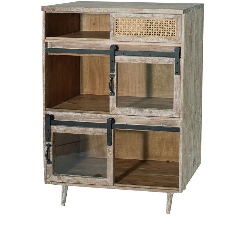 47 Inch Sideboard Server Cabinet, Sliding Doors, Iron, Sandblast White Wood - Benzara