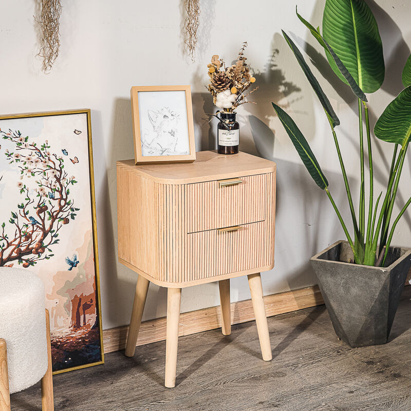 Bedside Table 2 Drawers Natural Wood