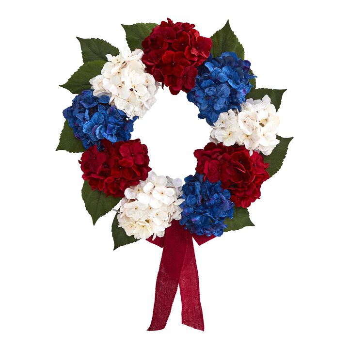 Hivvago 24" Red, White and Blue "Americana" Hydrangea Artificial Wreath